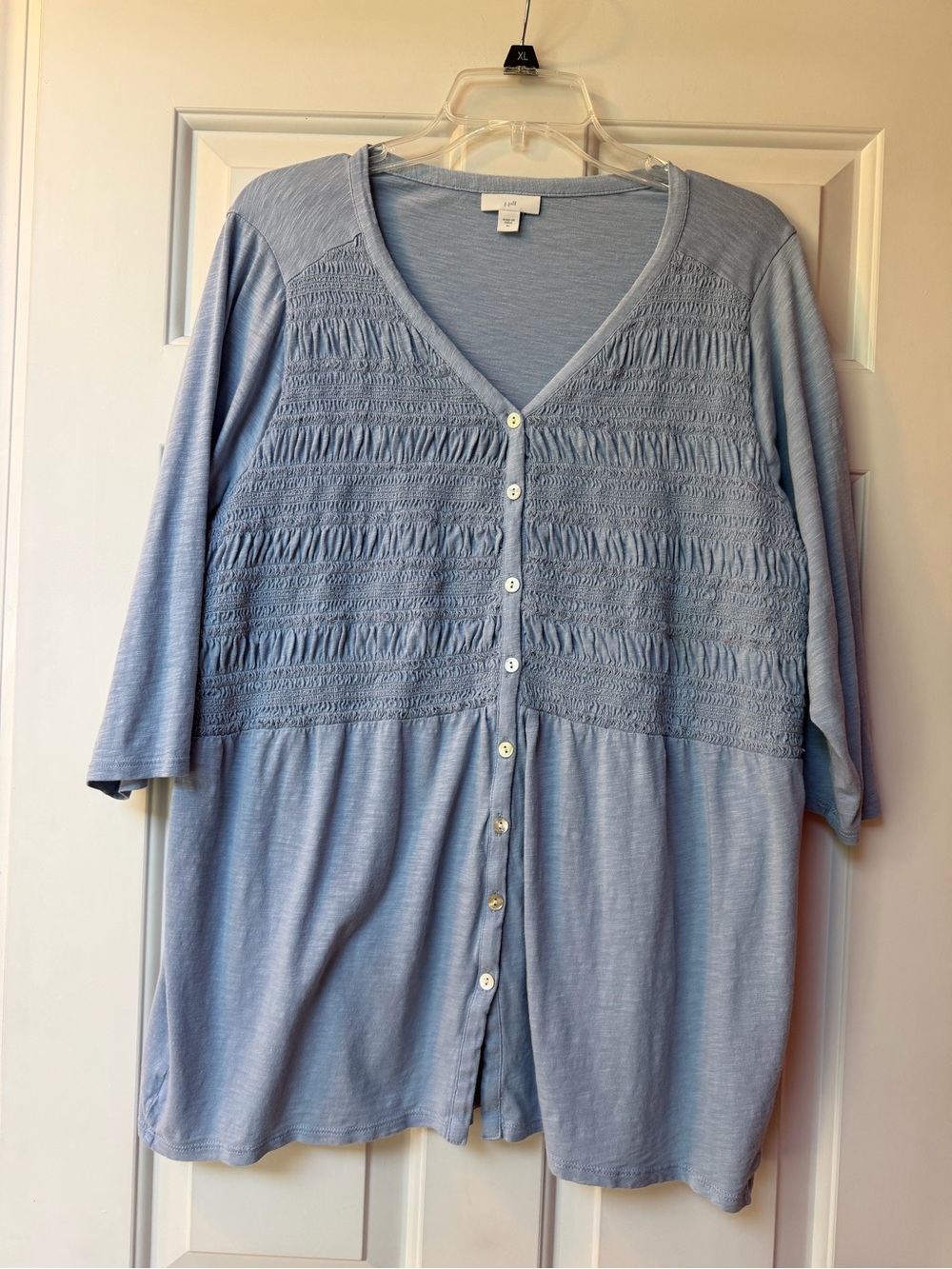 J. Jill Light Blue Button-Front Knit Top with Smocked Yoke